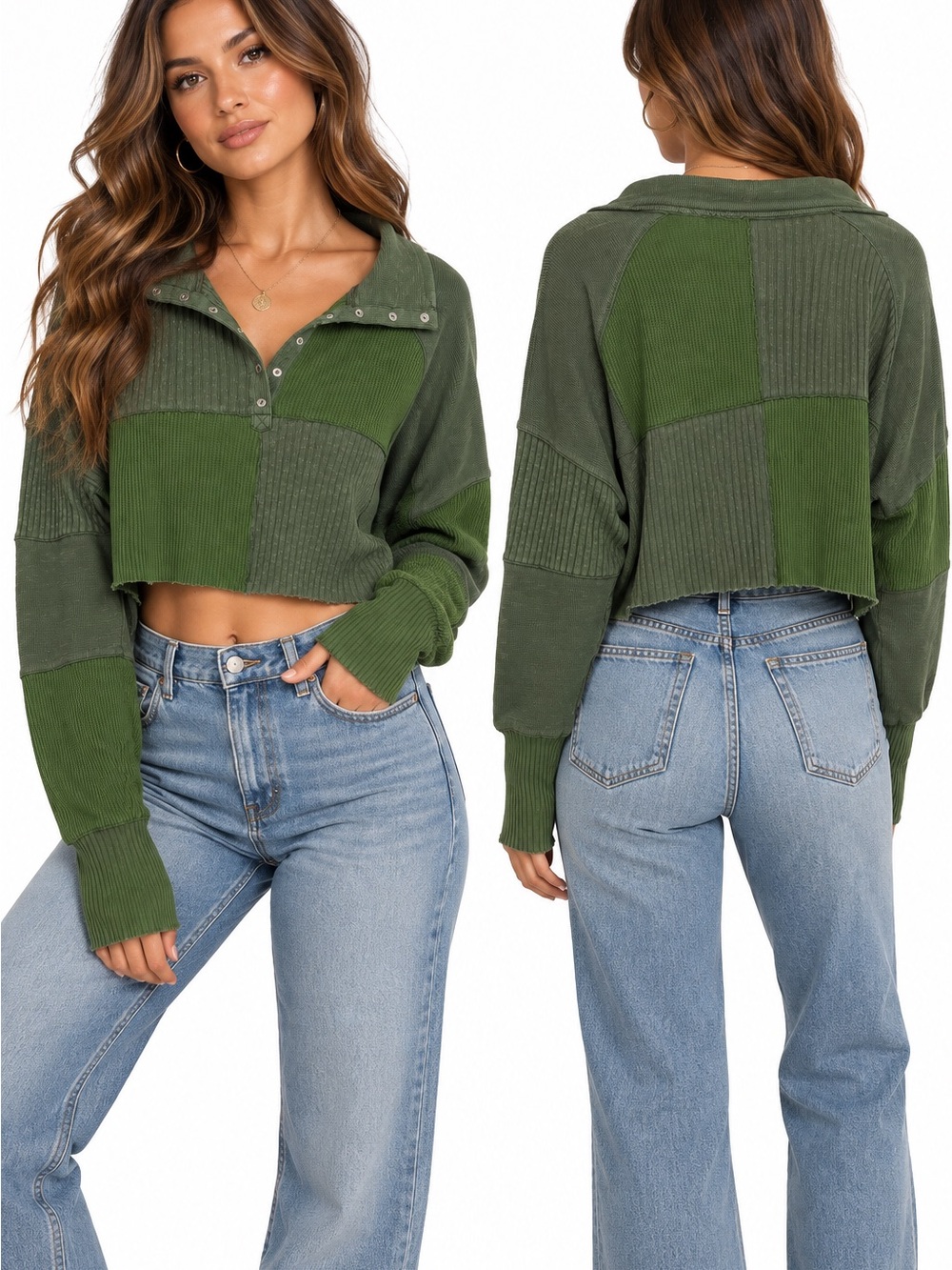 BDG Urban Outfitters Green Patchwork Cropped Henley Top Large Oversized Fall